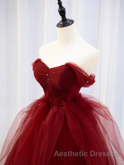 Burgundy off shoulder tulle lace long Evening Prom Dresses burgundy formal Dresses