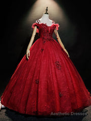 Burgundy Off Shoulder Tulle Lace Long Prom Dress, Burgundy Lace Sweet 16 Dress