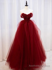 Burgundy Off Shoulder Tulle Lace Long Prom Dresses, Burgundy Formal Graduation Dresses