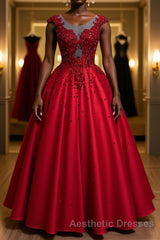 Burgundy round neck lace satin long Evening Prom Dresses burgundy evening Dresses