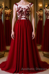 Burgundy round neck tulle lace long Evening Prom Dresses, bridesmaid Dresses