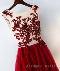 Burgundy round neck tulle lace long Evening Prom Dresses, bridesmaid Dresses