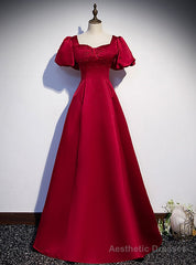 Burgundy Satin Backless Puff Sleeve Beading Prom Dress