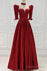 Burgundy Satin High Neck Long Prom Dress, Burgundy A-Line Evening Party Dress