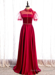 Burgundy Satin High Neck Short Sleeve Backless Beading Prom Dress
