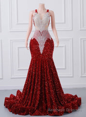 Burgundy Sequins Mermaid Lace Prom Dress