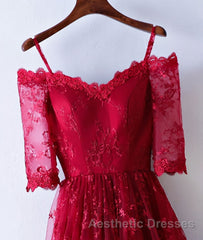 Burgundy sweetheart lace long Evening Prom Dresses, burgundy evening Dresses