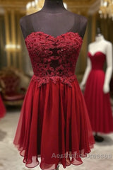 Burgundy Sweetheart Neck Chiffon Lace Short Homecoming Dresses     Nv13
