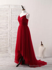 Burgundy Sweetheart Neck Tulle High Low Prom Dress, Burgundy Formal Dress