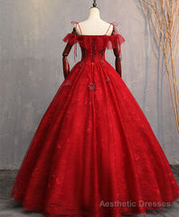 Burgundy Sweetheart Tulle Lace Long Prom Gown, Lace Formal Dress