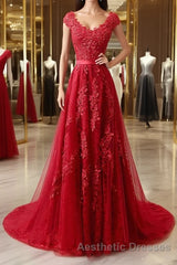 Burgundy tulle lace applique long Evening Prom Dresses, burgundy evening Dresses