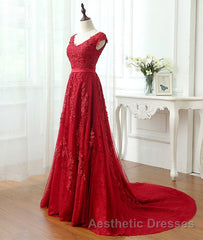 Burgundy tulle lace applique long Evening Prom Dresses, burgundy evening Dresses