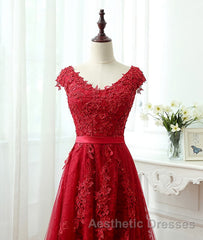 Burgundy tulle lace applique long Evening Prom Dresses, burgundy evening Dresses
