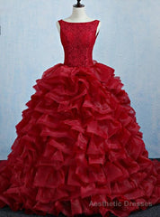Burgundy Tulle Lace Backless Quinceanera Dress