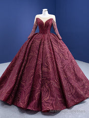 Burgundy Tulle Lace Long Sleeve Prom Dress