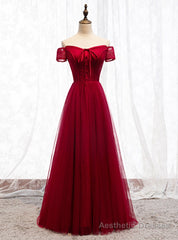 Burgundy Tulle Lace Off the Shoulder Prom Dress With Button