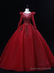 Burgundy Tulle Long Sleeve Beading Quinceanera Dress