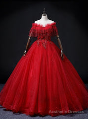 Burgundy Tulle Off the Shoulder Beading Appliques Quinceanera Dress