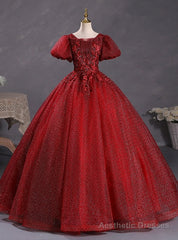 Burgundy Tulle Puff Sleeve Appliques Beadng Quinceanera Dress