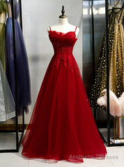 Burgundy Tulle Spaghetti Straps Beading Long Prom Dress
