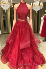 Burgundy two pieces tulle lace long Evening Prom Dresses, lace evening Dresses