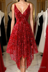 Burgundy v neck lace high low Evening Prom Dresses lace formal Dresses