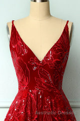 Burgundy v neck lace high low Evening Prom Dresses lace formal Dresses