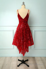 Burgundy v neck lace high low Evening Prom Dresses lace formal Dresses