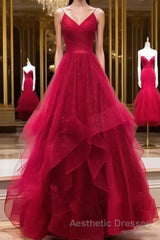 Burgundy v neck tulle long Evening Prom Dresses, burgundy evening Dresses