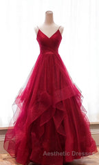Burgundy v neck tulle long Evening Prom Dresses, burgundy evening Dresses