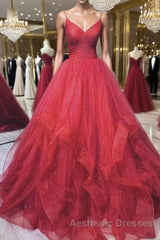 Burgundy v neck tulle long Evening Prom Dresses tulle formal Dresses