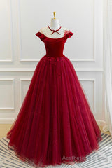 Burgundy Velvet Long A-Line Prom Dress, Burgundy Formal Evening Dress