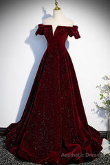 Burgundy Velvet Long Prom Dress, A-Line Off the Shoulder Evening Dress