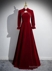 Burgundy Velvet Long Sleeve Prom Dress