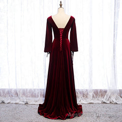 Burgundy Velvet Long Sleeves A-line Prom Dress, Long Simple Bridesmaid Dresses
