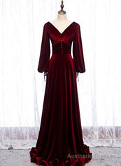 Burgundy Velvet Long Sleeves A-line Prom Dress, Long Simple Bridesmaid Dresses