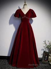 Burgundy Velvet V-neck Puff Sleeve Beading Prom Dress