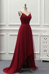 A Line High Low Tulle Evening Prom Dresses with Train, Burgundy V Neck Backless Formal Dresses