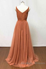 Burnt Orange Scoop Neck Satin Top Long Bridesmaid Dresses
