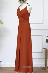 Burnt Orange Slit Bridesmaid Dresses With Straps