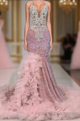 Pink Halter Mermaid Evening Prom Dresses with Sequins Beadings and Tulle Ruffle