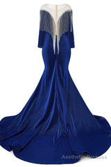 Deep V-neck Shiny Dark Rose Prom Dresses Long sleeves Mermaid Evening Party Dresses