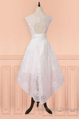 Cap Sleeves High Low White Lace Sheer Short Wedding Dresses