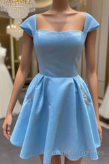 Cap Sleeves Light Sky Blue Satin Short Homecoming Dresses With Beaded Bodice