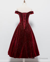 Beautiful Wine Red Tea Length Sweetheart Party Dress, Velvet Bridesmaid Dress, Prom Dress