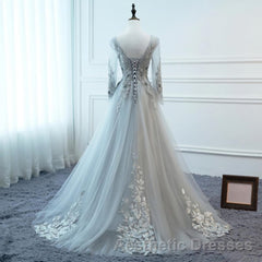 Grey Long Sleeves V Neckline Tulle Evening Prom Dresses, A Line Floor Length Party Dresses