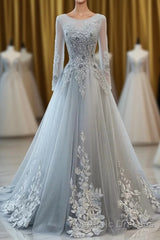 Grey Long Sleeves V Neckline Tulle Evening Prom Dresses, A Line Floor Length Party Dresses