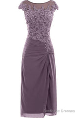 Knee Length Mauve Tight Chiffon Mother Of The Bride Prom Dress, With Cap Sleeves