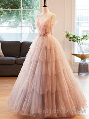 Champagne A-Line Beading Sequin Long Evening Prom Dresses, Champagne Formal Dresses