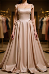 Champagne A-Line Satin Long Evening Prom Dresses, Champagne Formal Evening Dresses